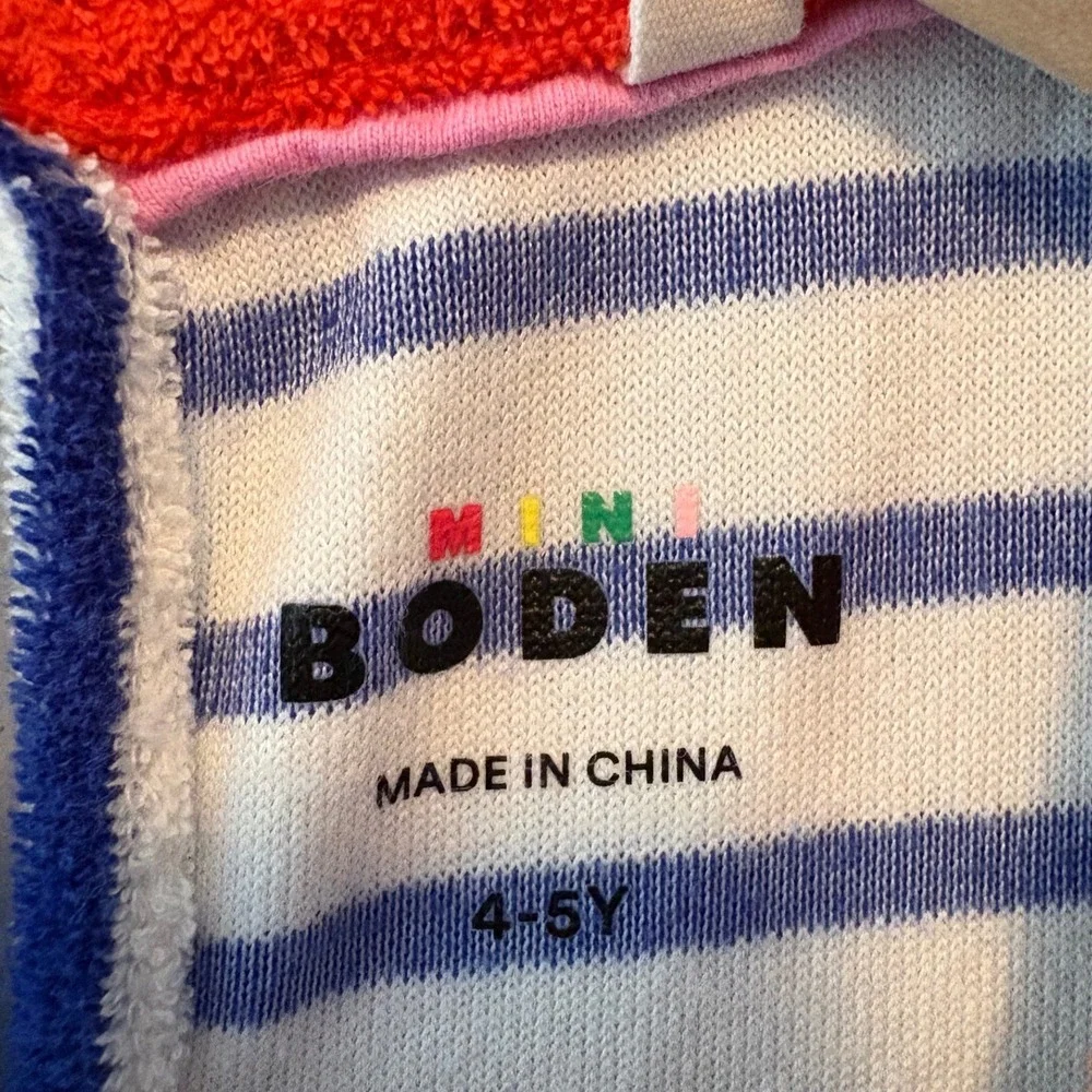 Mini Boden Kids Navy White Striped Terry Cloth Dress Red Ringer Neck 4-5Y G4671